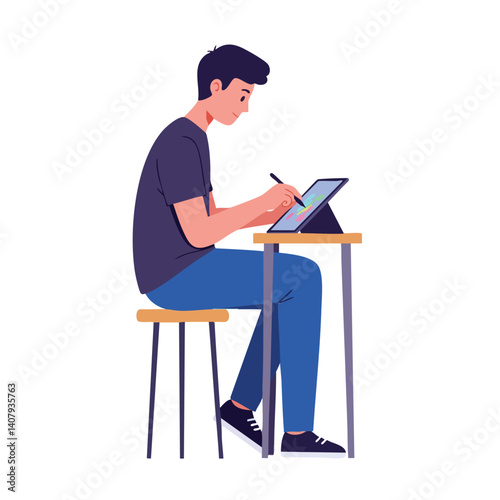 Artist at Work: An artist intently focused, skillfully uses a digital stylus to create art on a sleek tablet, capturing a moment of creative process, focus, and innovation.