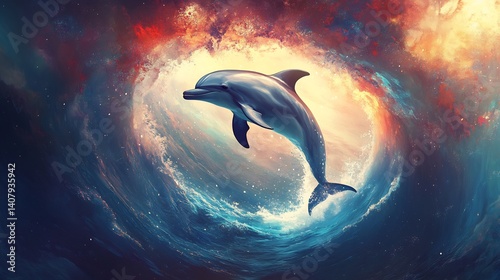 Dolphin leaping through a cosmic portal in the ocean blending realism with surreal fantasy stunning colors
