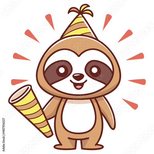 Cartoon Sloth with Party Hat Blowing Horn on Transparent Background