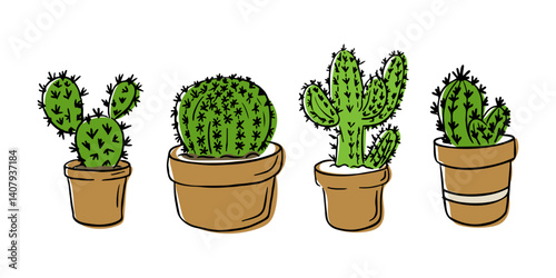 Set of hand drawn potted cactuses in different shapes and sizes on white background. Concept of home gardening, plant collection and succulent decoration