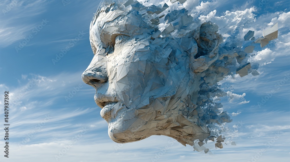 Abstract face sculpture with geometric shapes and cloud background in blue sky Abstract face sculpture with geometric shapes and cloud background in blue sky