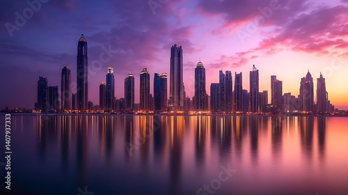 Vibrant sunset hues reflecting cityscape lights clearly high resolution picture