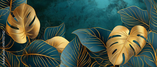 Opulent Art Deco Wallpaper Featuring a Majestic Golden Floral Pattern, Monstera and Philodendron Plant Illustrations in a Vast Emerald Landscape Background