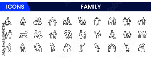 Charming vector line icon set illustrating family life—parents, children, love, and connection. Perfect for parenting, relationships, healthcare, or community-focused web and mobile applications.