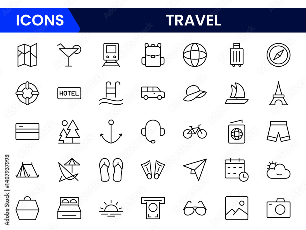 Minimal vector line icons representing travel elements—airplane, passport, luggage, map, and location pin. Perfect for tourism, booking apps, or vacation-related digital designs. Minimal vector line icons representing travel elements—airplane, passport, luggage, map, and location pin. Perfect for tourism, booking apps, or vacation-related digital designs.