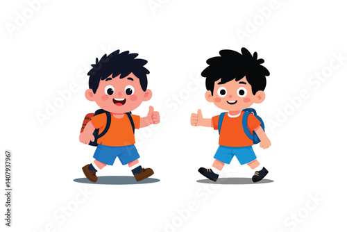 Buddy Adventures: Two Cheerful Cartoon Boys with Backpacks Give Thumbs Up, Embarking on a Joyful Journey in a Simple White Space.