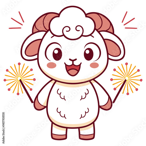 Festive Lamb Character with Sparklers on White Background
