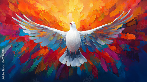 White Dove Symbolizing The Holy Spirit With Outstretched Wings Against A Vibrant Colorful Abstract Background Depicting Divine Power And Grace