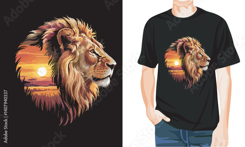 Sunset and lion double exposure effect for fashion t shirt and merchandise

