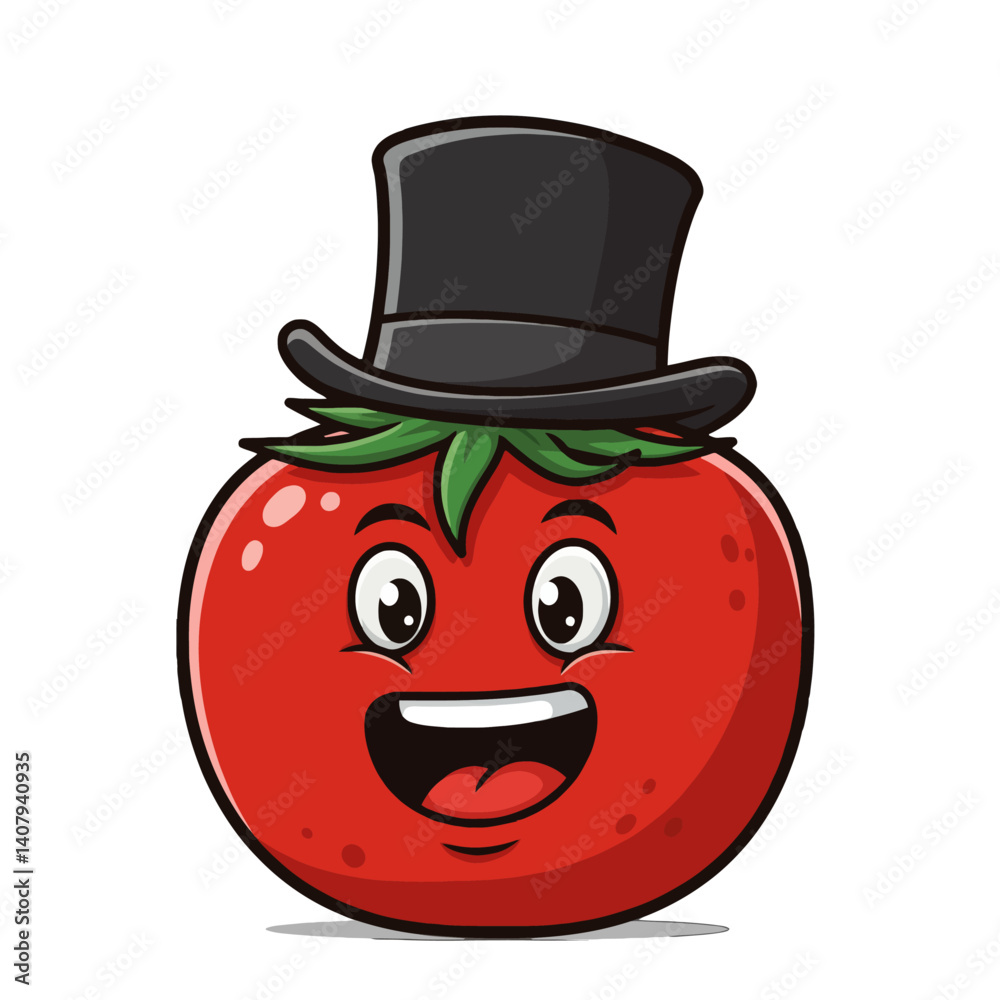 Obraz premium Cute tomato with a top hat smiling and happy character