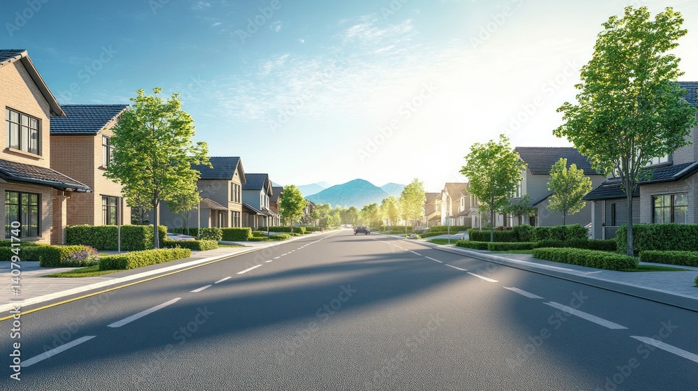 Serene suburban street with modern homes and greenery Serene suburban street with modern homes and greenery