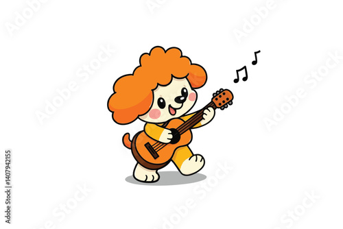 Musical Dog Serenade: A Cheerful Cartoon Puppy Playing Guitar, Bringing Joy and Playfulness to Music-Themed Designs and Creative Projects.