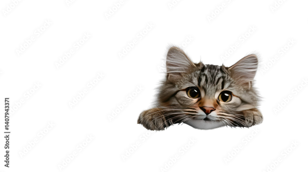 Obraz premium Curious Kitten's Gaze: An adorable fluffy kitten gazes with curious eyes, appearing from the right edge, capturing the cute nature of a pet.