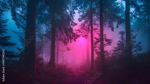 Mystical Forest Path: A vibrant, dreamlike scene unfolds as a pathway winds through an enchanting forest, shrouded in a mystical mist. The air is filled with an ethereal glow.