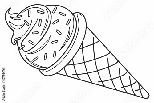 Coloring Pages, a yummy ice cream cone with sprinkles, colorless, uncolored, black and white