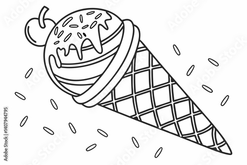 Coloring Pages, a yummy ice cream cone with sprinkles, colorless, uncolored, black and white