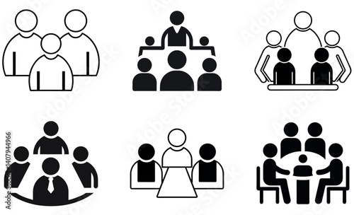 Group Meeting and Collaboration Icons, People Silhouettes for Business