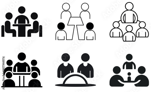 Group Meeting and Collaboration Icons, People Silhouettes for Business