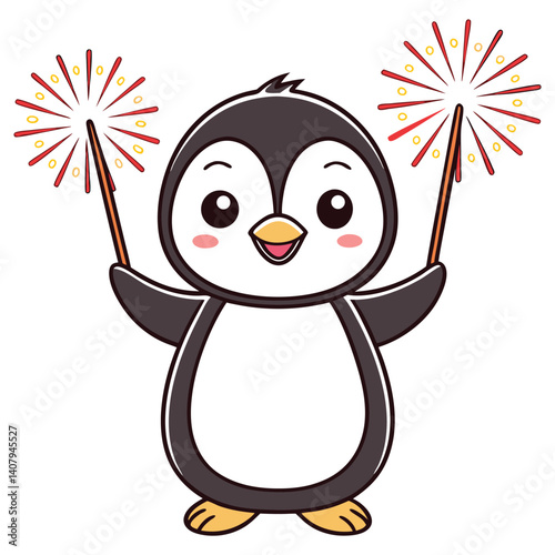 Cheerful penguin cartoon holding sparklers celebration on transparent background