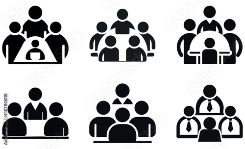 Group Meeting and Collaboration Icons, People Silhouettes for Business