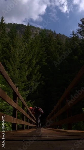 Lone photographer take photo on rustic bridge in alpine woodland
