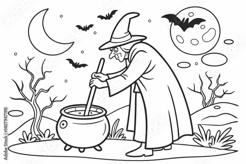 Coloring Pages, An evil witch concocting a potion, colorless, black and white