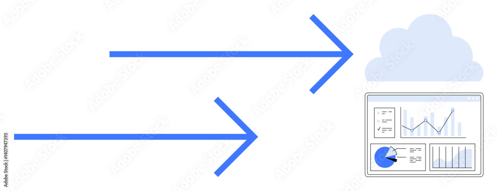 Blue arrows pointing to a cloud icon next to an analytics dashboard with graphs and charts. Ideal for data management, technology, cloud storage, digital transformation, workflow optimization Blue arrows pointing to a cloud icon next to an analytics dashboard with graphs and charts. Ideal for data management, technology, cloud storage, digital transformation, workflow optimization