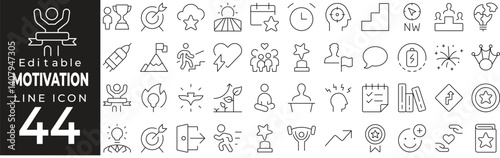 Motivation and Achievement Icon Set in Line Style: Includes Goal, Ambition, Progress, Success, and Positive Growth Elements. Editable Stroke.