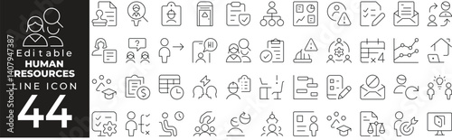 Human Resource Icon Set in Line Style: Includes Recruitment, Employment, Leadership, Efficiency, and Development Elements. Editable Stroke.