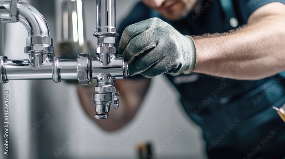 A plumber fixing pipes in a bathroom. Featuring plumbing work and home repair A plumber fixing pipes in a bathroom. Featuring plumbing work and home repair