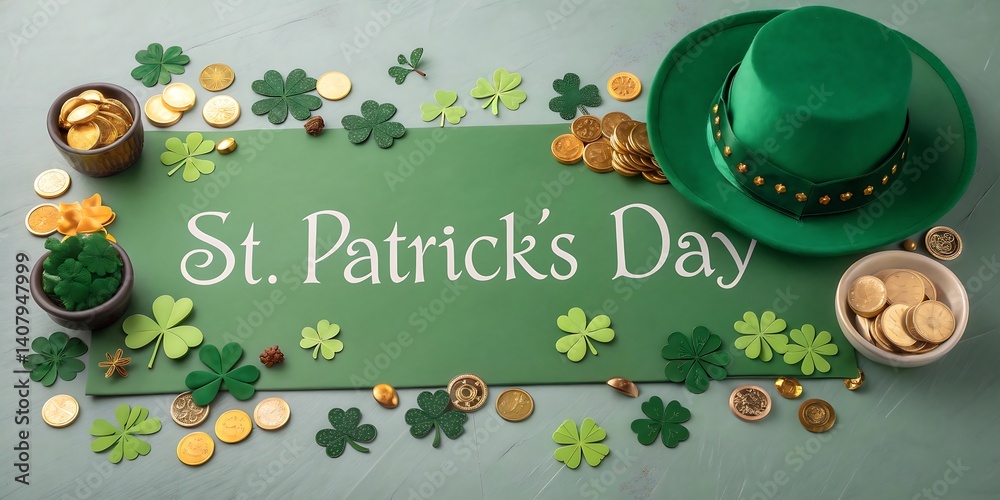 Fototapeta premium St. Patrick's Day banner with leprechaun hat, clover leaves and gold coins on green background with copy space