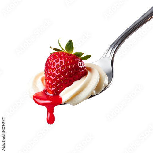  strawberry in a spoon with whipped cream and syrup