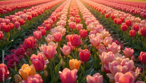 Blooming Tulip Field with Rows of Flowers in Spring Sunlight