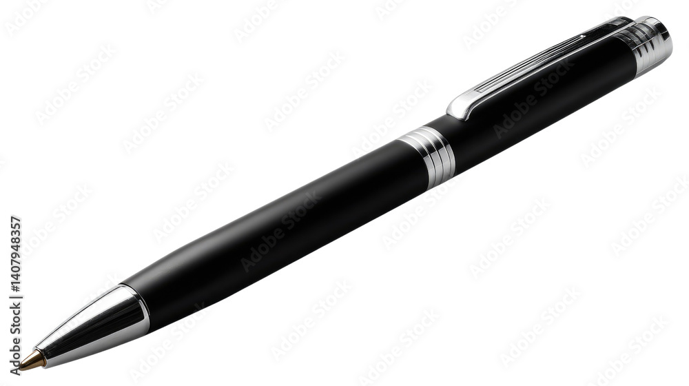 Sleek Black Ballpoint Pen: A sophisticated black ballpoint pen with silver accents, ideal for signing important documents or adding a touch of elegance to your everyday carry. Sleek Black Ballpoint Pen: A sophisticated black ballpoint pen with silver accents, ideal for signing important documents or adding a touch of elegance to your everyday carry.
