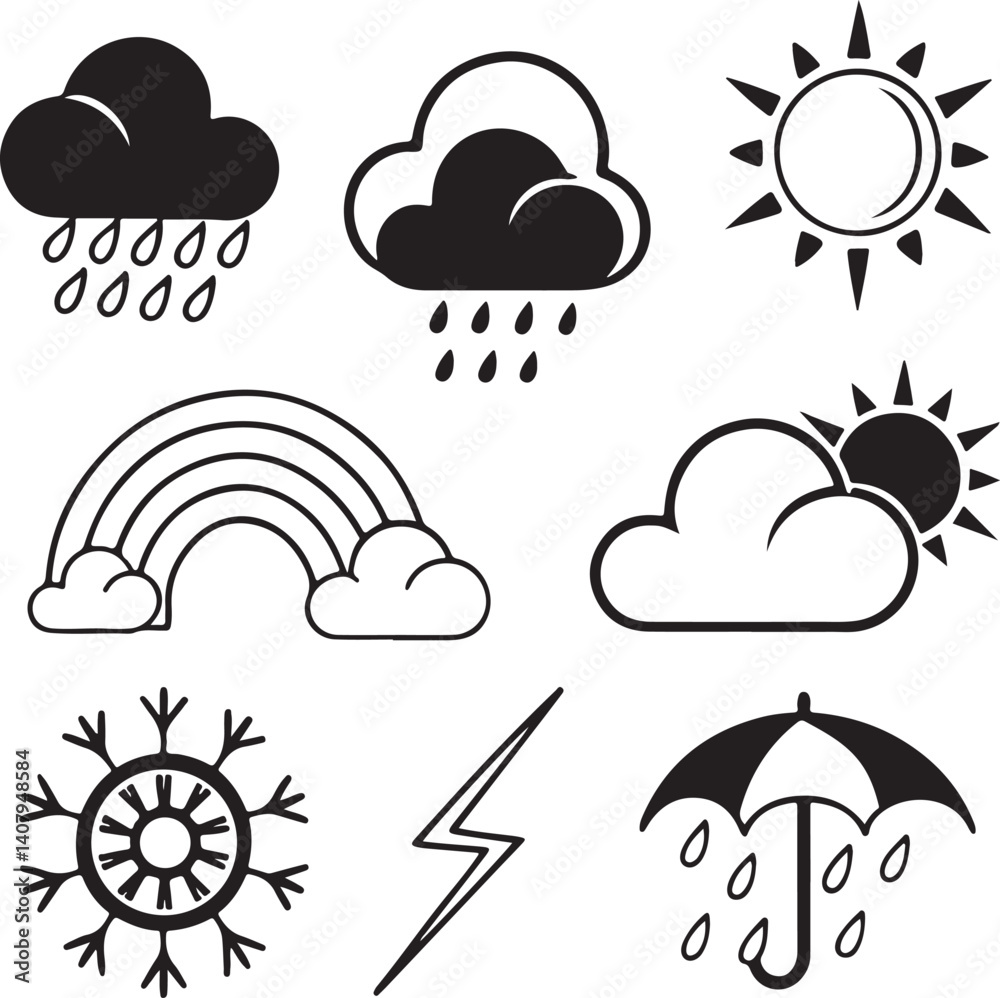 Fototapeta premium Weather Icon Set – Rain, Sun, Cloud, Rainbow, Snowflake, Lightning, Umbrella Symbols