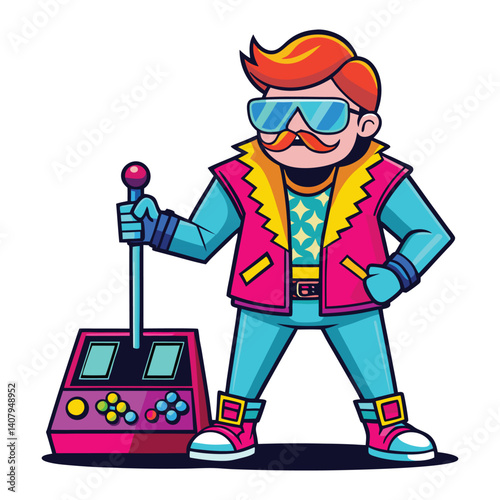 Retro Gamer Character 80s-Inspired Hero with Joystick Controller, Neon Outfit, Sunglasses, and Muscular Build Ready for Action