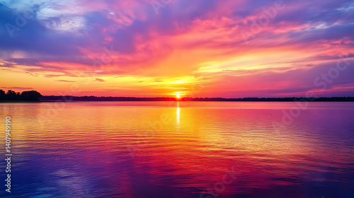 over a calm lake with the sky transitioning from vibrant oranges and reds to soft purples, reflecting on the water’s surface 
