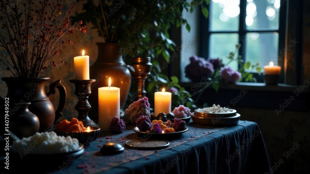 esotericism, cozy and serene atmosphere. dimly lit table with glowing candles, flowers, and plates of minerals. dinner, home decor, interior design inspiration. mysterious ritual at witch's house esotericism, cozy and serene atmosphere. dimly lit table with glowing candles, flowers, and plates of minerals. dinner, home decor, interior design inspiration. mysterious ritual at witch's house
