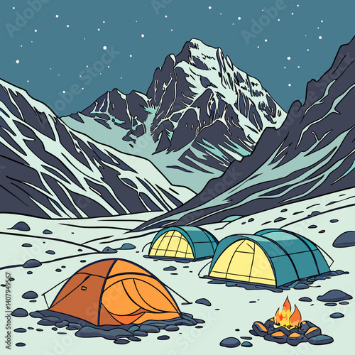 A whimsical, illustrated scene depicting a campsite nestled amidst snow-capped mountains at night.genareted ai