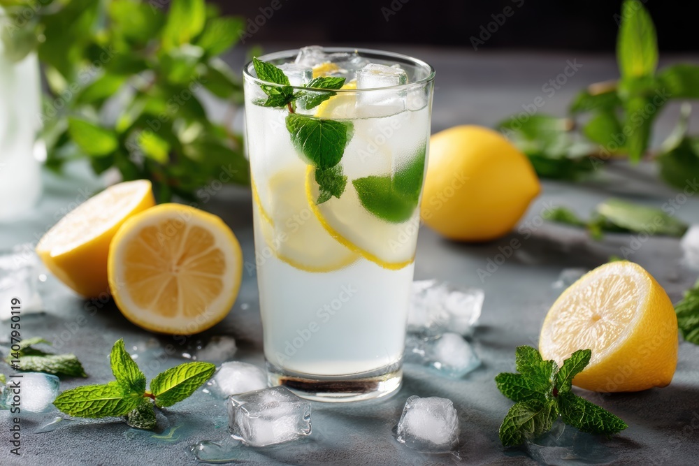 Refreshing frosted glass of lemonade garnished with mint and ice cubes for summer enjoyment Refreshing frosted glass of lemonade garnished with mint and ice cubes for summer enjoyment
