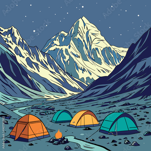 A whimsical, illustrated scene depicting a campsite nestled amidst snow-capped mountains at night.genareted ai