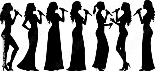 Woman singer silhouette, woman singing on mic