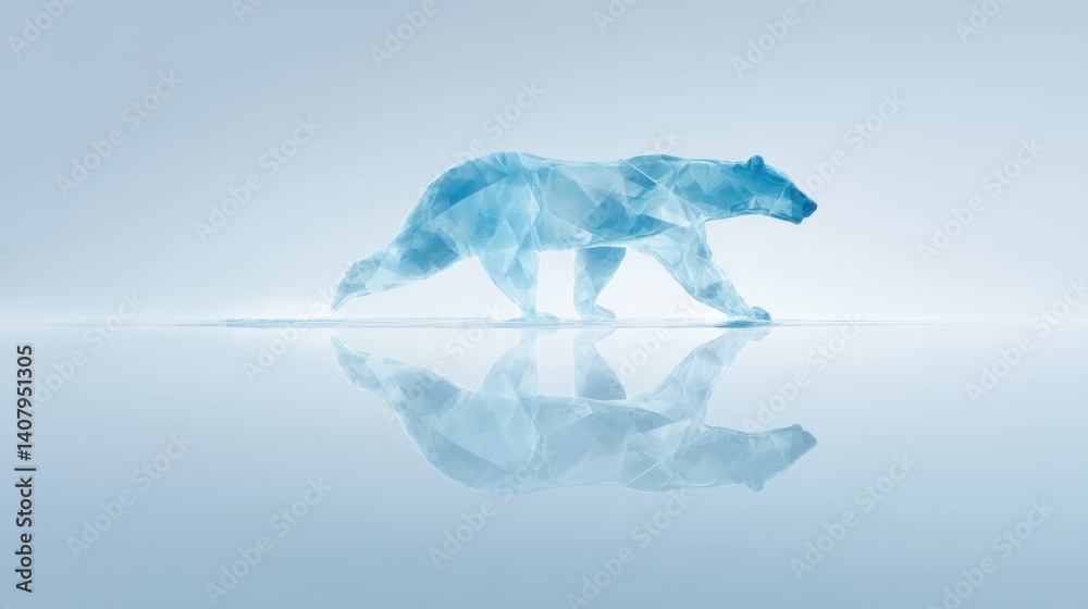 Fototapeta premium Geometric Polar Bear Sculpture with Reflection on Ice