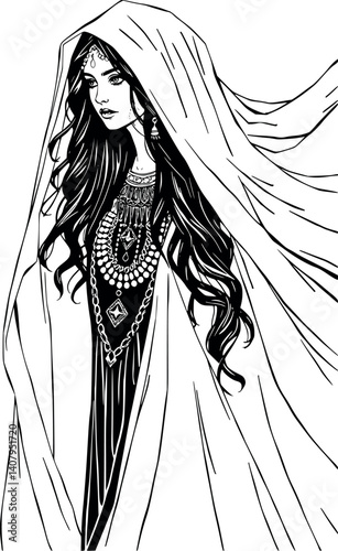 Engraved desert enchantress vector illustration. Vintage monochrome etching of a mystical woman.