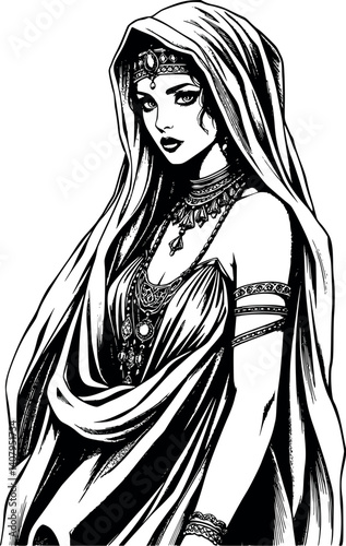 Engraved desert enchantress vector illustration. Vintage monochrome etching of a mystical woman.