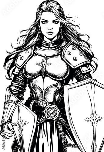 Engraved female warrior vector illustration. Vintage monochrome etching of an armored heroine.