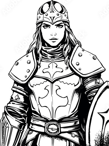 Engraved female warrior vector illustration. Vintage monochrome etching of an armored heroine.