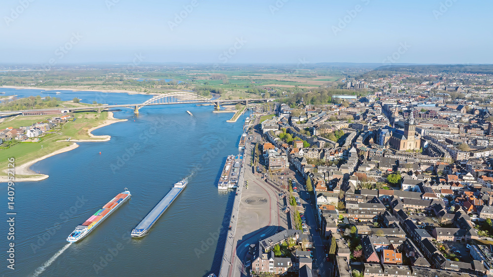 Fototapeta premium Aerial from the historical city Nijmegen with the Stevens church in the Netherlands