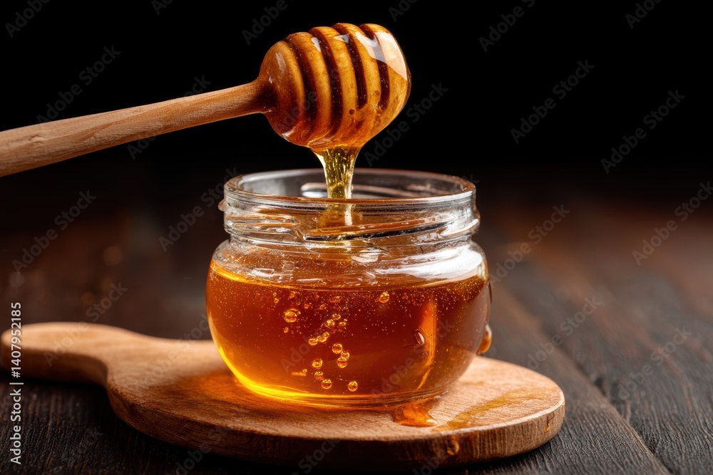 Golden honey drips from a wooden dipper into a clear glass jar creating a sweet, sticky sensation Golden honey drips from a wooden dipper into a clear glass jar creating a sweet, sticky sensation
