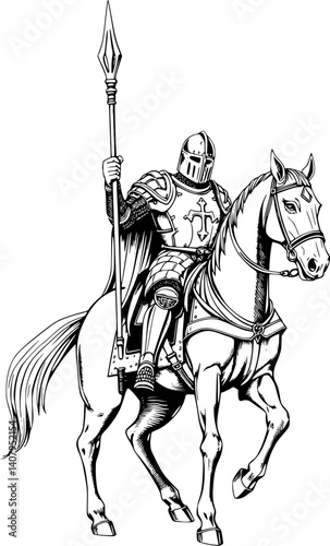Engraved knight on horseback vector illustration. Vintage monochrome etching of a medieval jouster.